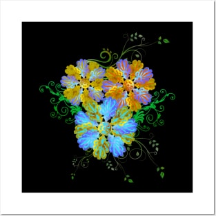 Floral Decoration Blue and Yellow Silhouette Art Posters and Art